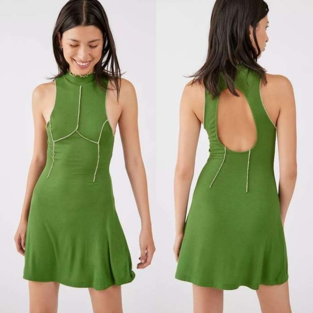 Urban Outfitters Deja Green Contrast Halter Ribbed Peek-a-boo Back Mini Dress S